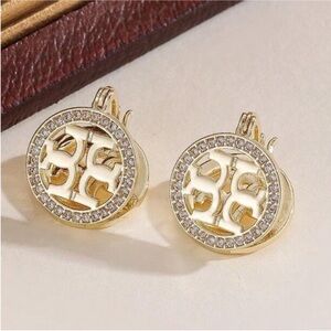 Tory Burch Gold-Tone Crystal Logo hoop Earrings